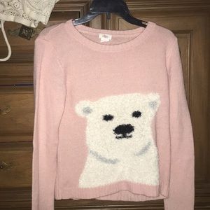 PINK YARN POLAR BEAR WITH BLUE SCARF SWEATER